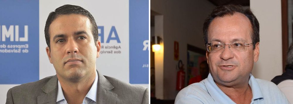 Fiel escudeiro de ACM Neto (DEM), o secretário municipal de Promoção Social e deputado licenciado, Bruno Reis (PMDB) - à esquerda, rebateu as declarações do ex-aliado e agora opositor Maurício Bacelar, diretor geral do Detran-BA, de que o prefeito descumpriu acordo com o PTN sobre a presidência da Câmara de Salvador; "A verdade é que Maurício de Tude tentou chantagear o prefeito de forma barata e mesquinha ao pedir uma secretaria e outras vantagens pessoais para continuar apoiando a prefeitura. A verdade é que ACM Neto não cederia a essa chantagem e faria qualquer concessão que extrapolasse os limites da política" (Foto: Romulo Faro) Fiel escudeiro de ACM Neto (DEM), o secretário municipal de Promoção Social e deputado licenciado, Bruno Reis (PMDB) - à esquerda, rebateu as declarações do ex-aliado e agora opositor Maurício Bacelar, diretor geral do Detran-BA, de que o prefeito descumpriu acordo com o PTN sobre a presidência da Câmara de Salvador; "A verdade é que Maurício de Tude tentou chantagear o prefeito de forma barata e mesquinha ao pedir uma secretaria e outras vantagens pessoais para continuar apoiando a prefeitura. A verdade é que ACM Neto não cederia a essa chantagem e faria qualquer concessão que extrapolasse os limites da política"