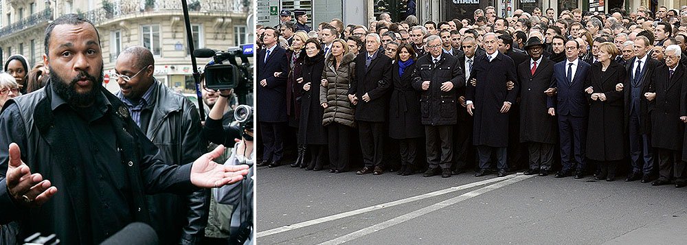 Poucos dias depois da marcha em defesa da liberdade e contra o terror (com a presença de Benjamin Netanyahu), a França expôs suas contradições; o comediante francês Dieudonné, conhecido por suas críticas ao judaísmo, foi preso ao comentar em seu Facebook que se sente como Charlie Coulibaly (sobrenome de um dos terroristas); em sua defesa, Dieudonné disse que seu humor não difere do feito pelo Charlie, que estimulava preconceito contra muçulmanos (Foto: Roberta Namour) Poucos dias depois da marcha em defesa da liberdade e contra o terror (com a presença de Benjamin Netanyahu), a França expôs suas contradições; o comediante francês Dieudonné, conhecido por suas críticas ao judaísmo, foi preso ao comentar em seu Facebook que se sente como Charlie Coulibaly (sobrenome de um dos terroristas); em sua defesa, Dieudonné disse que seu humor não difere do feito pelo Charlie, que estimulava preconceito contra muçulmanos