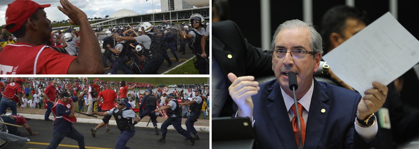 Após confronto entre manifestantes e a Polícia Legislativa em Brasília, a votação do projeto de lei que amplia a terceirização em empresas e órgãos públicos ficou para esta quarta (8); atos contra a lei da terceirização foram organizadas por entidades sindicais em diversas capitais do país; o presidente da Câmara, Eduardo Cunha (PMDB-RJ), acusou os manifestantes de serem os responsáveis pelo confronto e disse ter fotos e vídeos de congressistas incitando a multidão contra a polícia (Foto: Valter Lima) Após confronto entre manifestantes e a Polícia Legislativa em Brasília, a votação do projeto de lei que amplia a terceirização em empresas e órgãos públicos ficou para esta quarta (8); atos contra a lei da terceirização foram organizadas por entidades sindicais em diversas capitais do país; o presidente da Câmara, Eduardo Cunha (PMDB-RJ), acusou os manifestantes de serem os responsáveis pelo confronto e disse ter fotos e vídeos de congressistas incitando a multidão contra a polícia