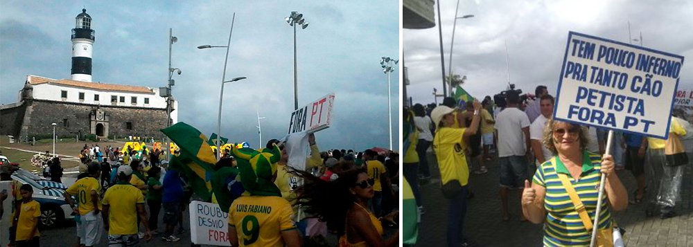 Apesar de ter começado com movimento bem abaixo do esperado pelos líderes dos movimentos, a manifestação contra o governo ganhou corpo ao longo da caminhada do Farol da Barra até o Morro do Cristo e, segundo números atualizados da Polícia Militar, reuniu aproximadamente 4 mil pessoas; entre os manifestantes estava a funcionária pública Zélia Seixas, que desejou a morte de todos os integrantes do PT; "Todos os petistas têm que ir pro inferno. Estão fazendo muito mal aos nossos netos"; "Temos que tirar o PT, a Dilma, Lula..."; ela quer que o senador Aécio Neves (PSDB) assuma a presidência; "Quero que entre o Aécio" (Foto: Romulo Faro) Apesar de ter começado com movimento bem abaixo do esperado pelos líderes dos movimentos, a manifestação contra o governo ganhou corpo ao longo da caminhada do Farol da Barra até o Morro do Cristo e, segundo números atualizados da Polícia Militar, reuniu aproximadamente 4 mil pessoas; entre os manifestantes estava a funcionária pública Zélia Seixas, que desejou a morte de todos os integrantes do PT; "Todos os petistas têm que ir pro inferno. Estão fazendo muito mal aos nossos netos"; "Temos que tirar o PT, a Dilma, Lula..."; ela quer que o senador Aécio Neves (PSDB) assuma a presidência; "Quero que entre o Aécio"