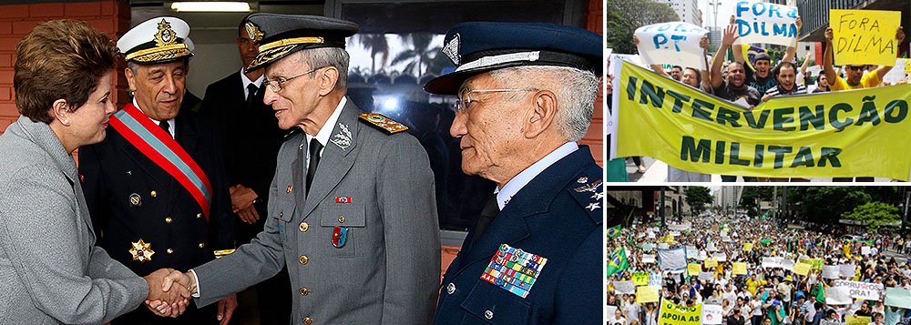 Os três chefes das Forças Armadas, o almirante Julio Soares de Moura Neto, o general Enzo Peri e o brigadeiro Juniti Saito, falaram à jornalista Monica Bergamo sobre as manifestações radicais que pediram a volta da ditadura e conseguiram atrair até um ex-guerrilheiro que combateu o regime militar como o senador Aloysio Nunes (PSDB-SP); Moura Neto falou em militares "inseridos na democracia"; Saito criticou "extremistas"; Peri afirmou que o Brasil vive ambiente de "absoluta normalidade" (Foto: Leonardo Attuch) Os três chefes das Forças Armadas, o almirante Julio Soares de Moura Neto, o general Enzo Peri e o brigadeiro Juniti Saito, falaram à jornalista Monica Bergamo sobre as manifestações radicais que pediram a volta da ditadura e conseguiram atrair até um ex-guerrilheiro que combateu o regime militar como o senador Aloysio Nunes (PSDB-SP); Moura Neto falou em militares "inseridos na democracia"; Saito criticou "extremistas"; Peri afirmou que o Brasil vive ambiente de "absoluta normalidade"