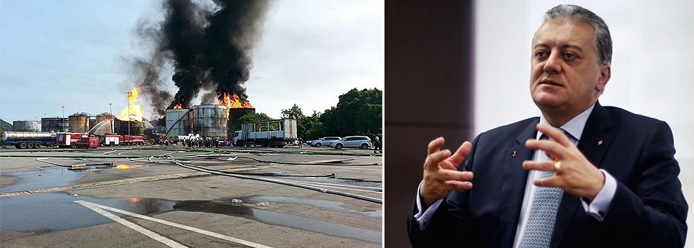 Presidente da Petrobras, Aldemir Bendine, atendeu prontamente pedido do governo de São Paulo e enviou para Santos sete caminhões para lançar espuma na área afetada pelo incêndio nos taques de combustível da Ultracargo, além de dois navios-plataforma, bombas de sucção e mão de obra especializada; combate ao incêndio já consumiu 5 bilhões de litros de água do mar e já atingiu o sexto tanque de combustível. Dos seis, quatro ainda queimam (Foto: Aquiles Lins) Presidente da Petrobras, Aldemir Bendine, atendeu prontamente pedido do governo de São Paulo e enviou para Santos sete caminhões para lançar espuma na área afetada pelo incêndio nos taques de combustível da Ultracargo, além de dois navios-plataforma, bombas de sucção e mão de obra especializada; combate ao incêndio já consumiu 5 bilhões de litros de água do mar e já atingiu o sexto tanque de combustível. Dos seis, quatro ainda queimam