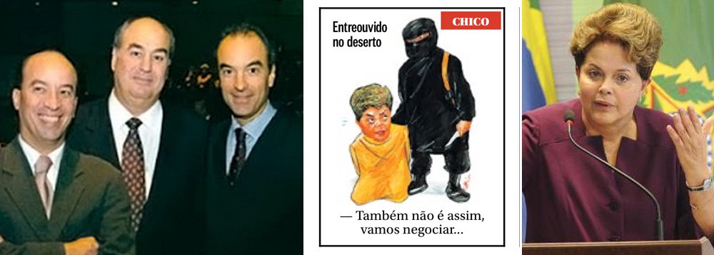 Charge principal do jornal dos irmãos José Roberto, Roberto Irineu e João Roberto Marinho mostra a presidente Dilma Rousseff prestes a ser degolada pelo Estados Islâmico; feita pelo cartunista Chico Caruso, a 'arte' não parece contextualizada com nenhum fato atual e nem indica quem seria o terrorista que empunha a lâmina; em meio ao clima de radicalização política no País, estimulado por setores da imprensa, fica no ar a dúvida: trata-se de um desejo secreto da família midiática mais rica e poderosa do mundo? (Foto: Leonardo Attuch) www.brasil247.com - Charge principal do jornal dos irmãos José Roberto, Roberto Irineu e João Roberto Marinho mostra a presidente Dilma Rousseff prestes a ser degolada pelo Estados Islâmico; feita pelo cartunista Chico Caruso, a 'arte' não parece contextualizada com nenhum fato atual e nem indica quem seria o terrorista que empunha a lâmina; em meio ao clima de radicalização política no País, estimulado por setores da imprensa, fica no ar a dúvida: trata-se de um desejo secreto da família midiática mais rica e poderosa do mundo?