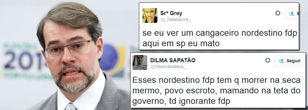 São incontáveis os textos que pregam na internet a separação do Brasil e o xingamento de "jumentos" e "burros" a nordestinos, que votaram em peso na reeleição da presidente Dilma; internautas criticam "estados de cima", e se esquecem que o Sudeste ficou empatado; presidente do TSE, ministro Dias Toffoli condenou manifestações discriminatórias; segundo ele, é preciso que se aceite o resultado das urnas e "é importante que a sociedade volte a estar unida" (Foto: Gisele Federicce) São incontáveis os textos que pregam na internet a separação do Brasil e o xingamento de "jumentos" e "burros" a nordestinos, que votaram em peso na reeleição da presidente Dilma; internautas criticam "estados de cima", e se esquecem que o Sudeste ficou empatado; presidente do TSE, ministro Dias Toffoli condenou manifestações discriminatórias; segundo ele, é preciso que se aceite o resultado das urnas e "é importante que a sociedade volte a estar unida"