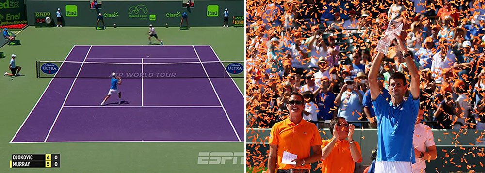 O embate foi interessante durante os dois primeiros sets, mas depois que Djokovic quebrou o serviço de Murray no primeiro game do set final, o sérvio não precisou olhar mais para trás e seguiu firme rumo ao título; cansado, Murray não foi capaz de se recuperar e, depois de perder a final para Djokovic na Austrália e a semifinal em Indian Wells, ele apenas pôde contemplar mais um desapontamento contra o rival (Foto: Luis Mauro Queiroz) O embate foi interessante durante os dois primeiros sets, mas depois que Djokovic quebrou o serviço de Murray no primeiro game do set final, o sérvio não precisou olhar mais para trás e seguiu firme rumo ao título; cansado, Murray não foi capaz de se recuperar e, depois de perder a final para Djokovic na Austrália e a semifinal em Indian Wells, ele apenas pôde contemplar mais um desapontamento contra o rival