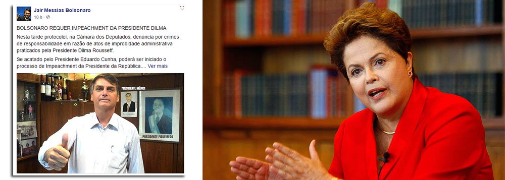 Pelo Facebook, deputado Jair Bolsonaro (PP-RJ) anuncia ter protocolado pedido contra a presidente Dilma Rousseff; para chegar ao Congresso, ele deve ser aceito pelo presidente da Câmara, Eduardo Cunha (PMDB-RJ); "Os fatos que levaram a cassação do ex-presidente Fernando Collor são bem menos graves e inconsistentes que os imputados à Sra. Dilma Rousseff", comentou o parlamentar (Foto: Roberta Namour) Pelo Facebook, deputado Jair Bolsonaro (PP-RJ) anuncia ter protocolado pedido contra a presidente Dilma Rousseff; para chegar ao Congresso, ele deve ser aceito pelo presidente da Câmara, Eduardo Cunha (PMDB-RJ); "Os fatos que levaram a cassação do ex-presidente Fernando Collor são bem menos graves e inconsistentes que os imputados à Sra. Dilma Rousseff", comentou o parlamentar