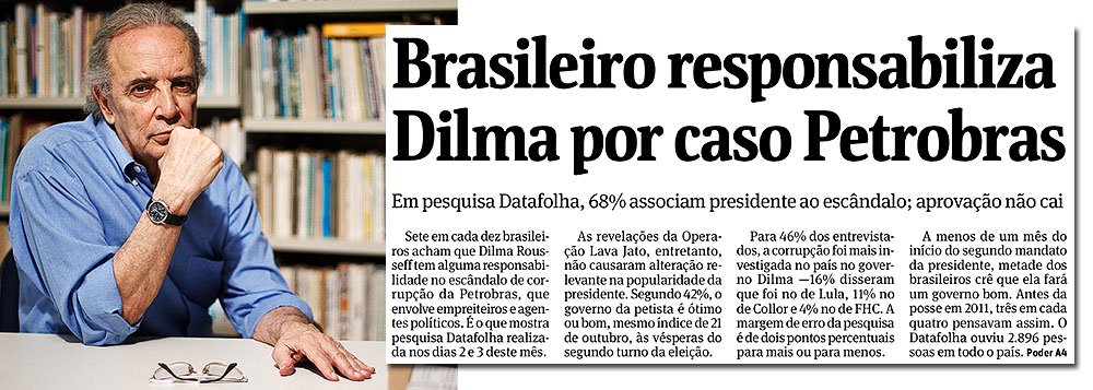 Colunista Janio de Freitas, da Folha de S. Paulo, condena a manchete do último domingo do jornal, que transformou uma minoria (43%) em maioria dos brasileiros que responsabilizam a presidente Dilma Rousseff pelos escândalos da Petrobras; "As duas interpretações levam a respostas com profunda diferença, estando, porém, embaralhadas tanto nos 43% subscritos em 'muita responsabilidade' de Dilma, como nos 25% de 'um pouco' de responsabilidade. Índices que, somados de maneira discutível, fizeram a notícia de que 68% responsabilizam Dilma por corrupção", afirma; a única certeza da pesquisa, diz ele, é que o governo Dilma é, para os brasileiros, o que mais combate a corrupção (Foto: Leonardo Attuch) www.brasil247.com - Colunista Janio de Freitas, da Folha de S. Paulo, condena a manchete do último domingo do jornal, que transformou uma minoria (43%) em maioria dos brasileiros que responsabilizam a presidente Dilma Rousseff pelos escândalos da Petrobras; "As duas interpretações levam a respostas com profunda diferença, estando, porém, embaralhadas tanto nos 43% subscritos em 'muita responsabilidade' de Dilma, como nos 25% de 'um pouco' de responsabilidade. Índices que, somados de maneira discutível, fizeram a notícia de que 68% responsabilizam Dilma por corrupção", afirma; a única certeza da pesquisa, diz ele, é que o governo Dilma é, para os brasileiros, o que mais combate a corrupção