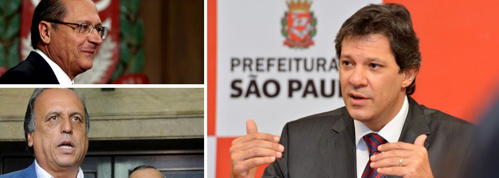 Prefeito Fernando Haddad (PT-SP) sugere aos governadores Geraldo Alckmin (PSDB-SP) e Luiz Fernando Pezão (PMDB-RJ) proposta em resposta à decisão do Supremo que obriga a quitação das dívidas em cinco anos; ideia é destinar no máximo 3% de receita de governos e prefeituras para pagar precatórios (Foto: Roberta Namour) Prefeito Fernando Haddad (PT-SP) sugere aos governadores Geraldo Alckmin (PSDB-SP) e Luiz Fernando Pezão (PMDB-RJ) proposta em resposta à decisão do Supremo que obriga a quitação das dívidas em cinco anos; ideia é destinar no máximo 3% de receita de governos e prefeituras para pagar precatórios
