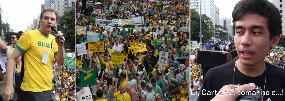 Repórter Zé Antonio, da Carta Capital, foi alvo de agressão verbal por integrantes do Movimento Brasil Livre, que o provocou a discursar diante de uma massa que gritava: "ei, Carta, vai tomar no c..."; ele conta ter sido empurrado por um dos manifestantes em cima do carro de som e que um dos líderes do grupo o segurou pelos dois braços; "No cercado ao lado do carro de som, muitas pessoas nos xingaram de 'sujos', 'vendidos' entre outras coisas. Tentamos sair pelo meio da Paulista com a 'escolta' do MBL, mas a hostilidade estava grande e recuamos", detalha o repórter; coordenador do movimento, o jovem Kim Kataguiri disse ao 247 que o movimento "deu água" e "protegeu" a equipe até chegar à redação (Foto: Gisele Federicce) Repórter Zé Antonio, da Carta Capital, foi alvo de agressão verbal por integrantes do Movimento Brasil Livre, que o provocou a discursar diante de uma massa que gritava: "ei, Carta, vai tomar no c..."; ele conta ter sido empurrado por um dos manifestantes em cima do carro de som e que um dos líderes do grupo o segurou pelos dois braços; "No cercado ao lado do carro de som, muitas pessoas nos xingaram de 'sujos', 'vendidos' entre outras coisas. Tentamos sair pelo meio da Paulista com a 'escolta' do MBL, mas a hostilidade estava grande e recuamos", detalha o repórter; coordenador do movimento, o jovem Kim Kataguiri disse ao 247 que o movimento "deu água" e "protegeu" a equipe até chegar à redação