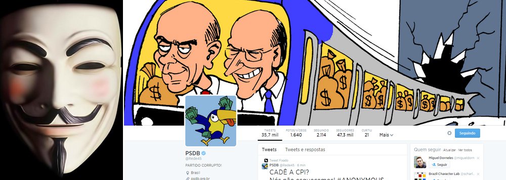 No Twitter, grupo hacker colocou imagens e o logo do partido com desenhos que faziam alusão ao escândalo do trensalão, esquema de cartel no Metrô e na CPTM durante governos tucanos em São Paulo; "O povo não esqueceu da roubalheira do metrô", escreveram, depois da conta invadida; foram haqueadas ainda as contas do partido no Facebook, no Youtube e no Instagram (Foto: Gisele Federicce) No Twitter, grupo hacker colocou imagens e o logo do partido com desenhos que faziam alusão ao escândalo do trensalão, esquema de cartel no Metrô e na CPTM durante governos tucanos em São Paulo; "O povo não esqueceu da roubalheira do metrô", escreveram, depois da conta invadida; foram haqueadas ainda as contas do partido no Facebook, no Youtube e no Instagram
