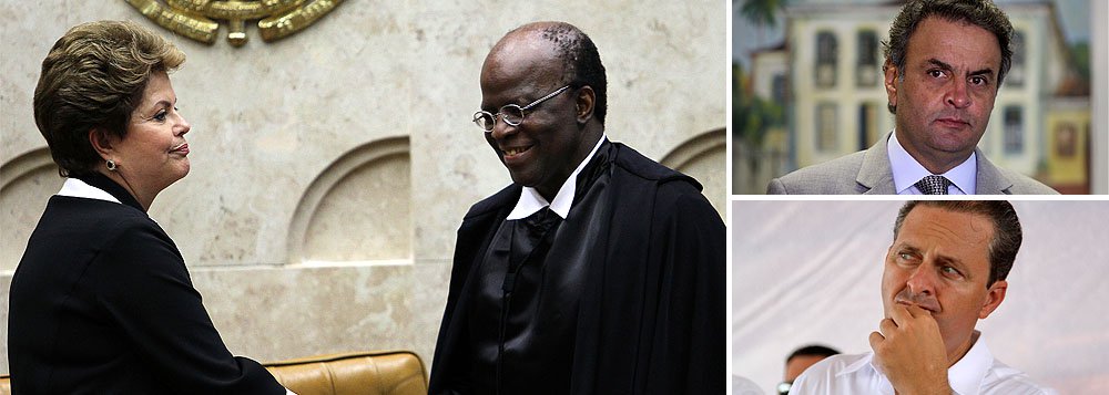 Eduardo Campos (PSB) e Aécio Neves (PSDB) se precipitam para conquistar filiação de Joaquim Barbosa, que antecipou sua aposentadoria do STF; ainda que o juiz tenha perdido o prazo para uma candidatura em 2014, ele é visto como uma importante arma da oposição contra a reeleição da presidente Dilma Rousseff; Barbosa nunca escondeu suas ambições políticas e conquistou 14% das intenções de voto em pesquisa Datafolha: “Tenho certeza de que todos os partidos no Brasil que prezam a Justiça, que prezam a democracia, gostariam de ter em suas fileiras um brasileiro que tem a biografia do ministro Joaquim Barbosa”, disse Campos; já Aécio destacou a integridade do magistrado (Foto: Roberta Namour) Eduardo Campos (PSB) e Aécio Neves (PSDB) se precipitam para conquistar filiação de Joaquim Barbosa, que antecipou sua aposentadoria do STF; ainda que o juiz tenha perdido o prazo para uma candidatura em 2014, ele é visto como uma importante arma da oposição contra a reeleição da presidente Dilma Rousseff; Barbosa nunca escondeu suas ambições políticas e conquistou 14% das intenções de voto em pesquisa Datafolha: “Tenho certeza de que todos os partidos no Brasil que prezam a Justiça, que prezam a democracia, gostariam de ter em suas fileiras um brasileiro que tem a biografia do ministro Joaquim Barbosa”, disse Campos; já Aécio destacou a integridade do magistrado