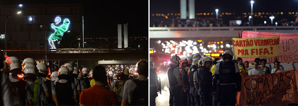 Manifestantes fizeram um protesto contra a Copa do Mundo no país; a concentração foi em frente ao Museu Nacional da República; de lá, os manifestantes - na maioria, jovens - partiram em direção à rodoviária e ocuparam parte das vias que compõem o Eixo Monumental; os organizadores estimam que 300 pessoas participaram do protesto; a Polícia Militar (PM) não informou estimativa (Foto: Leonardo Lucena) Manifestantes fizeram um protesto contra a Copa do Mundo no país; a concentração foi em frente ao Museu Nacional da República; de lá, os manifestantes - na maioria, jovens - partiram em direção à rodoviária e ocuparam parte das vias que compõem o Eixo Monumental; os organizadores estimam que 300 pessoas participaram do protesto; a Polícia Militar (PM) não informou estimativa