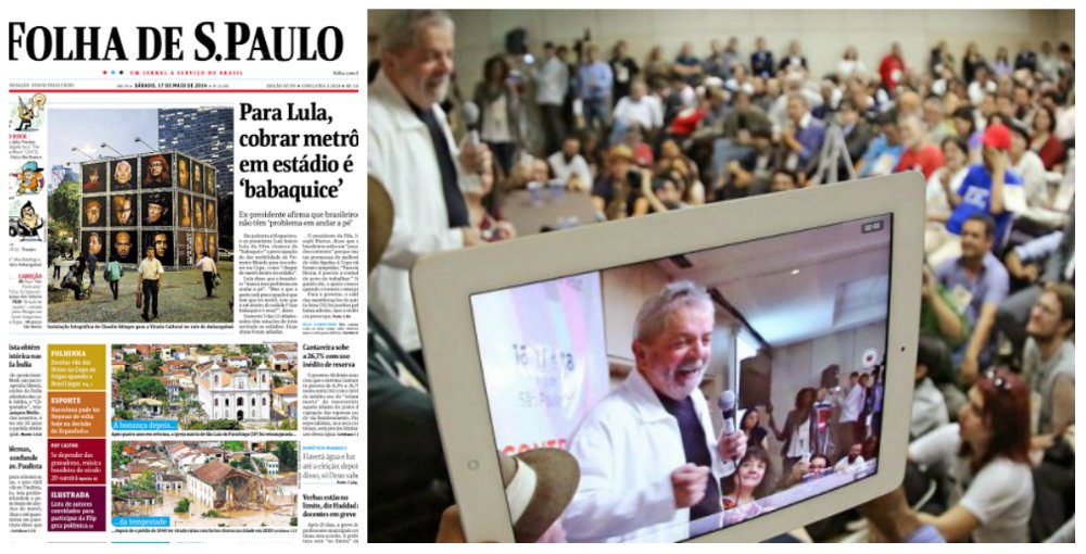 Discurso do ex-presidente Lula no encontro nacional de blogueiros, em que ele discutiu a desconcentração dos meios de comunicação no Brasil, só serviu, na Folha, para que uma declaração fosse pinçada: a de que seria uma "babaquice" querer "chegar de metrô dentro do estádio"; Lula disse ainda que o torcedor nunca teve problema em andar a pé; "Vai a pé, descalço, de bicicleta, de jumento, de qualquer coisa. Mas o que a gente está preocupado é que tem que ter metrô, tem que ir até dentro do estádio? Que babaquice é essa?", questionou; pontos importantes do discurso, como a regulação da mídia, foram ignorados (Foto: Roberta Namour) Discurso do ex-presidente Lula no encontro nacional de blogueiros, em que ele discutiu a desconcentração dos meios de comunicação no Brasil, só serviu, na Folha, para que uma declaração fosse pinçada: a de que seria uma "babaquice" querer "chegar de metrô dentro do estádio"; Lula disse ainda que o torcedor nunca teve problema em andar a pé; "Vai a pé, descalço, de bicicleta, de jumento, de qualquer coisa. Mas o que a gente está preocupado é que tem que ter metrô, tem que ir até dentro do estádio? Que babaquice é essa?", questionou; pontos importantes do discurso, como a regulação da mídia, foram ignorados