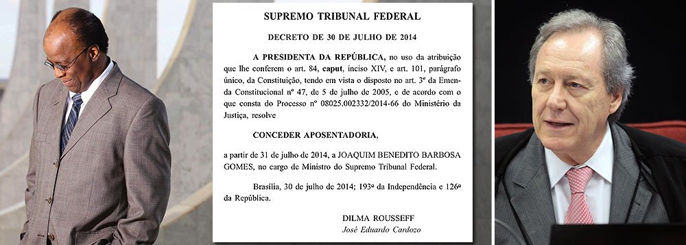 Agora é oficial: a aposentadoria de Joaquim Barbosa do Supremo Tribunal Federal está publicada no Diário Oficial da União, no decreto assinado pela presidente Dilma Rousseff e pelo ministro José Eduardo Cardozo; sua gestão foi marcada por abusos, agressões a colegas, jornalistas, advogados, entidades da magistratura e, sobretudo, a direitos de defesa assegurados pela Constituição Federal; depois de cumprir um papel lamentável à frente da suprema corte, ele poderá desfrutar a aposentadoria em Miami, num imóvel registrado em nome de uma offshore; nesta sexta-feira, Ricardo Lewandowski será eleito presidente do STF, que poderá, enfim, restaurar a sua dignidade (Foto: Leonardo Attuch) www.brasil247.com - Agora é oficial: a aposentadoria de Joaquim Barbosa do Supremo Tribunal Federal está publicada no Diário Oficial da União, no decreto assinado pela presidente Dilma Rousseff e pelo ministro José Eduardo Cardozo; sua gestão foi marcada por abusos, agressões a colegas, jornalistas, advogados, entidades da magistratura e, sobretudo, a direitos de defesa assegurados pela Constituição Federal; depois de cumprir um papel lamentável à frente da suprema corte, ele poderá desfrutar a aposentadoria em Miami, num imóvel registrado em nome de uma offshore; nesta sexta-feira, Ricardo Lewandowski será eleito presidente do STF, que poderá, enfim, restaurar a sua dignidade