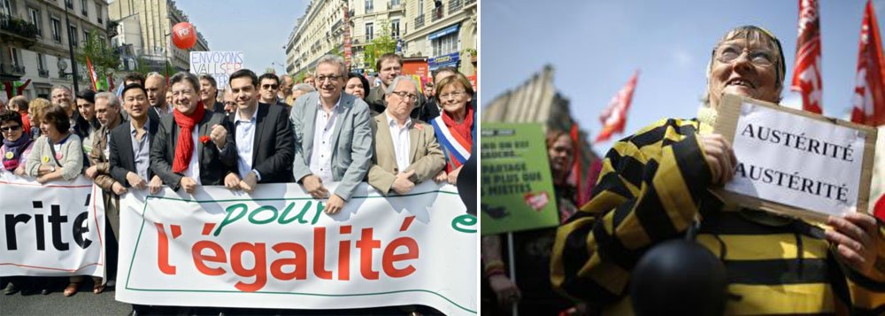 Manifestantes juntaram-se neste sábado em Paris, respondendo ao apelo de partidos de extrema-esquerda, para exigir uma mudança na política do presidente François Hollande, que consideram mais favorável aos patrões que aos trabalhadores; “Hollande, já chega”, dizia uma faixa colocada na estátua da Praça da República, ponto de partida da Marcha contra a Austeridade, pela Igualdade e a Partilha da Riqueza (Foto: José Barbacena) Manifestantes juntaram-se neste sábado em Paris, respondendo ao apelo de partidos de extrema-esquerda, para exigir uma mudança na política do presidente François Hollande, que consideram mais favorável aos patrões que aos trabalhadores; “Hollande, já chega”, dizia uma faixa colocada na estátua da Praça da República, ponto de partida da Marcha contra a Austeridade, pela Igualdade e a Partilha da Riqueza