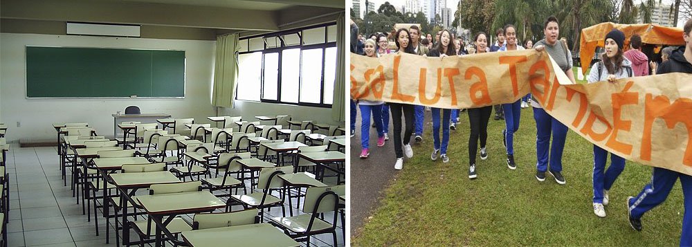 Nas horas iniciais do primeiro dia da greve por tempo indeterminado dos professores estaduais, a adesão da categoria já demonstra a força do movimento; cerca de 1000 educadores em frente ao Palácio Iguaçu, na Praça Nossa Senhora da Salete, em Curitiba; estima-se que 70% das instituições de ensino estejam sem aulas e que em todos os colégios do estado haja pelo menos um adepto ao movimento grevista (Foto: Leonardo Lucena) Nas horas iniciais do primeiro dia da greve por tempo indeterminado dos professores estaduais, a adesão da categoria já demonstra a força do movimento; cerca de 1000 educadores em frente ao Palácio Iguaçu, na Praça Nossa Senhora da Salete, em Curitiba; estima-se que 70% das instituições de ensino estejam sem aulas e que em todos os colégios do estado haja pelo menos um adepto ao movimento grevista
