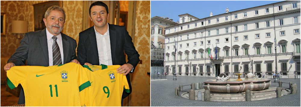 Ex-presidente foi rápido; convidado do novo primeiro-ministro italiano Matteo Renzi para um almoço no Palácio Chigi, em Roma, Lula levou logo duas camisas da seleção brasileira de presente para o anfitrião; mais novo chefe de governo da história da Itália, Renzi chamou Lula para ouvir sugestões para a superação da crise econômica na 'Bota'; estímulo ao consumo interno e ampliação de rede de proteção social fazem parte da fórmula Lula de crescimento (Foto: Felipe L. Goncalves) Ex-presidente foi rápido; convidado do novo primeiro-ministro italiano Matteo Renzi para um almoço no Palácio Chigi, em Roma, Lula levou logo duas camisas da seleção brasileira de presente para o anfitrião; mais novo chefe de governo da história da Itália, Renzi chamou Lula para ouvir sugestões para a superação da crise econômica na 'Bota'; estímulo ao consumo interno e ampliação de rede de proteção social fazem parte da fórmula Lula de crescimento