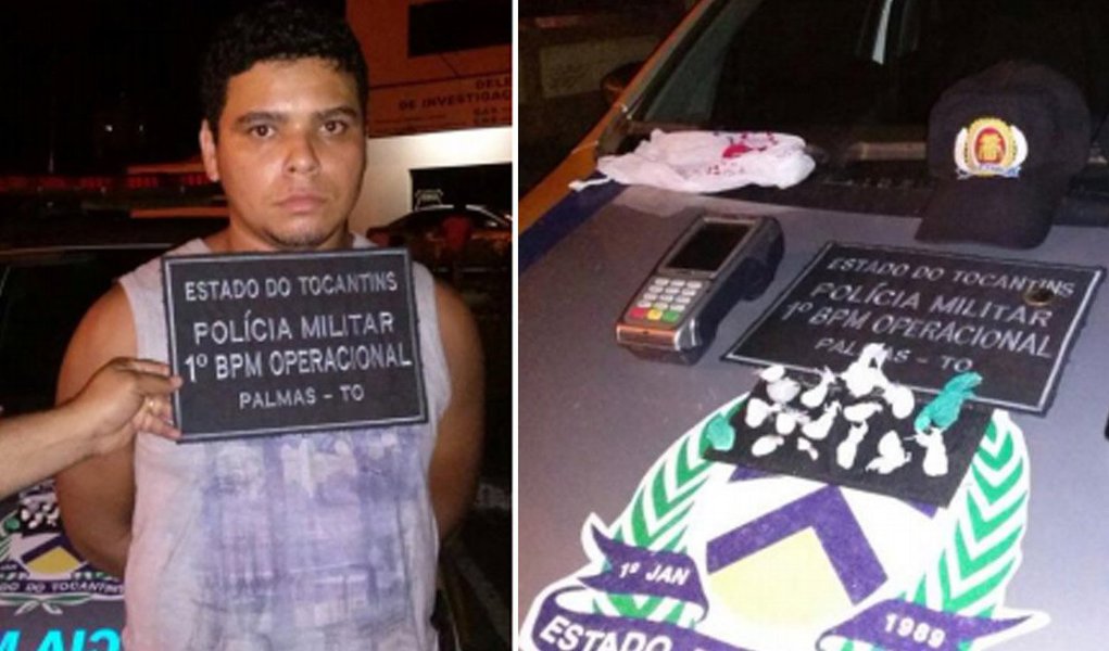 Marcos da Conceição Silva foi preso por policiais militares na Quadra 210 Sul, em Palmas; com ele os policiais encontraram 14 papelotes de cocaína e um papelote de maconha, além de uma máquina de cartão, utilizada pelo suspeito para receber os pagamentos; a prisão aconteceu depois que policiais militares do 1º BPM localizaram jovens fazendo uso de entorpecentes, que deram as características do suspeito (Foto: Aquiles Lins) Marcos da Conceição Silva foi preso por policiais militares na Quadra 210 Sul, em Palmas; com ele os policiais encontraram 14 papelotes de cocaína e um papelote de maconha, além de uma máquina de cartão, utilizada pelo suspeito para receber os pagamentos; a prisão aconteceu depois que policiais militares do 1º BPM localizaram jovens fazendo uso de entorpecentes, que deram as características do suspeito