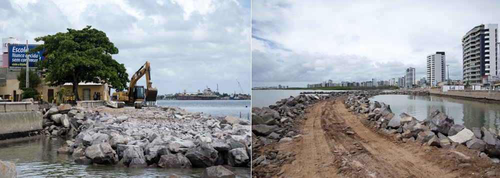 Orçada em cerca de R$ 5,8 milhões, a obra inclui a construção de um muro de contenção com cerca de 650 metros e seis espigões próximos ao estuário do rio Poxim, com medidas variando entre 30 e 40 metros cada; cronograma de execução continua bastante adiantado, com o acoplamento das pedras do molhe e a construção dos espigões; MPE e PMF querem paralisar obra; existe o risco de danos ambientais irrecuperáveis serem causados à área, gerando impacto em outras regiões (Foto: Valter Lima) Orçada em cerca de R$ 5,8 milhões, a obra inclui a construção de um muro de contenção com cerca de 650 metros e seis espigões próximos ao estuário do rio Poxim, com medidas variando entre 30 e 40 metros cada; cronograma de execução continua bastante adiantado, com o acoplamento das pedras do molhe e a construção dos espigões; MPE e PMF querem paralisar obra; existe o risco de danos ambientais irrecuperáveis serem causados à área, gerando impacto em outras regiões