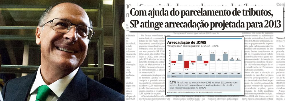 Governo de São Paulo usa subterfúgios contábeis para cumprir previsão orçamentária e mostrar serviço no aumento da arrecadação; o que foi duramente atacado como 'contabilidade criativa' do governo federal é chamado de 'ajuda de parcelamento de tributos' pelo jornal especializado Valor Econômico, das famílias Frias e Marinho; tratamento diferenciado para movimentos semelhantes comprova, outra vez, que regra vigente na mídia é "ao amigos tudo, aos inimigos a lei segundo a nossa interpretação" (Foto: Ana Pupulin) Governo de São Paulo usa subterfúgios contábeis para cumprir previsão orçamentária e mostrar serviço no aumento da arrecadação; o que foi duramente atacado como 'contabilidade criativa' do governo federal é chamado de 'ajuda de parcelamento de tributos' pelo jornal especializado Valor Econômico, das famílias Frias e Marinho; tratamento diferenciado para movimentos semelhantes comprova, outra vez, que regra vigente na mídia é "ao amigos tudo, aos inimigos a lei segundo a nossa interpretação"