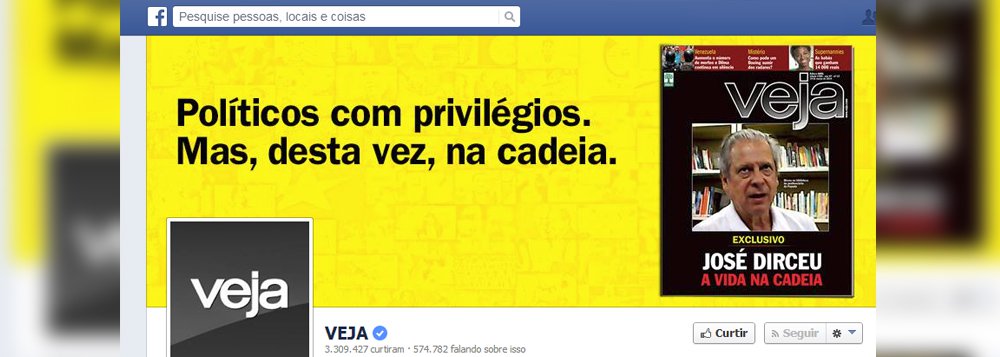 "Políticos com privilégios. Mas, desta vez, na cadeia"; com esta chamada, a revista Veja, da Editora Abril, anuncia sua próxima capa sobre José Dirceu, que está preso há quatro meses em regime fechado, embora tenha sido condenado ao semiaberto; análise de seu pedido de trabalho vem sendo protelada pela Vara de Execuções Penais do Distrito Federal e a reportagem de Veja será mais um instrumento para que o juiz Bruno Ribeiro não lhe conceda este direito; há rumores até de que Dirceu poderá ser mandado para um presídio de segurança máxima; neste fim de semana, ele completará 68 anos atrás das grades (Foto: Leonardo Attuch) www.brasil247.com - "Políticos com privilégios. Mas, desta vez, na cadeia"; com esta chamada, a revista Veja, da Editora Abril, anuncia sua próxima capa sobre José Dirceu, que está preso há quatro meses em regime fechado, embora tenha sido condenado ao semiaberto; análise de seu pedido de trabalho vem sendo protelada pela Vara de Execuções Penais do Distrito Federal e a reportagem de Veja será mais um instrumento para que o juiz Bruno Ribeiro não lhe conceda este direito; há rumores até de que Dirceu poderá ser mandado para um presídio de segurança máxima; neste fim de semana, ele completará 68 anos atrás das grades