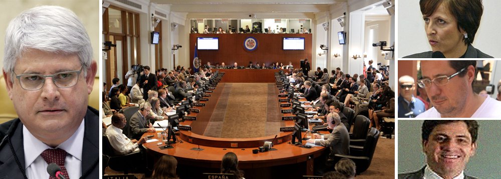 Após os condenados na AP 470 Kátia Rabello, José Roberto Salgado e Vinícius Samarane apresentarem recurso à Comissão Interamericana de Direitos Humanos, órgão da OEA, o procurador-geral da República, Rodrigo Janot, sugeriu a criação de um grupo de trabalho de representantes de órgãos do Judiciário e do Executivo para defender as condenações do Supremo Tribunal Federal no julgamento; a quem a OEA dará razão? (Foto: Valter Lima) Após os condenados na AP 470 Kátia Rabello, José Roberto Salgado e Vinícius Samarane apresentarem recurso à Comissão Interamericana de Direitos Humanos, órgão da OEA, o procurador-geral da República, Rodrigo Janot, sugeriu a criação de um grupo de trabalho de representantes de órgãos do Judiciário e do Executivo para defender as condenações do Supremo Tribunal Federal no julgamento; a quem a OEA dará razão?