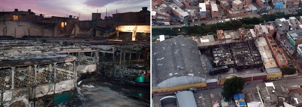 De acordo com a Polícia Militar (PM), os homens entraram no pátio da garagem da empresa, localizada na Avenida Presidente Médici, 1.340, no Jardim Mutinga, e renderam vigilantes; Funcionários da empresa Urubupungá dizem que a razão do incêndio seria um protesto pela morte de uma pessoa (Foto: Roberta Namour) De acordo com a Polícia Militar (PM), os homens entraram no pátio da garagem da empresa, localizada na Avenida Presidente Médici, 1.340, no Jardim Mutinga, e renderam vigilantes; Funcionários da empresa Urubupungá dizem que a razão do incêndio seria um protesto pela morte de uma pessoa