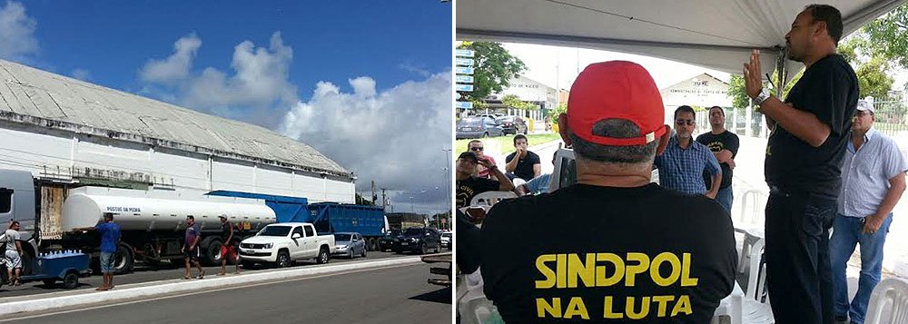 O protesto no Porto de Maceió é organizado por agentes da Polícia Civil de Alagoas desde quarta-feira (12). Eles cobram do governo do Estado o projeto do Plano de Cargos, Carreiras e Salários (PCCS), auxílio-transporte, gratificação de risco de vida e reajuste salarial. 45 caminhões estão parados numa longa fila de espera com diversos tipos de produtos para serem embarcados (Foto: Voney Malta) O protesto no Porto de Maceió é organizado por agentes da Polícia Civil de Alagoas desde quarta-feira (12). Eles cobram do governo do Estado o projeto do Plano de Cargos, Carreiras e Salários (PCCS), auxílio-transporte, gratificação de risco de vida e reajuste salarial. 45 caminhões estão parados numa longa fila de espera com diversos tipos de produtos para serem embarcados