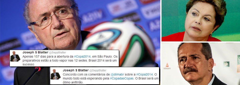 Após levar troco do ministro Aldo Rebelo e da presidente Dilma Rousseff, presidente da Fifa volta atrás em declaração de que Brasil fará Copa desastrosa; "Concordo com os comentários de @dilmabr sobre a #Copa2014. O mundo todo está esperando pela #CopadasCopas. O Brasil será um ótimo anfitrião", registrou Joseph Blatter no Twitter, horas depois de Dilma ter rebatido suas críticas sobre atraso histórico nas obras; cartola escreveu ainda que "preparativos estão a todo vapor nas 12 sedes" e que "Brasil 2014 será um sucesso" (Foto: Gisele Federicce) Após levar troco do ministro Aldo Rebelo e da presidente Dilma Rousseff, presidente da Fifa volta atrás em declaração de que Brasil fará Copa desastrosa; "Concordo com os comentários de @dilmabr sobre a #Copa2014. O mundo todo está esperando pela #CopadasCopas. O Brasil será um ótimo anfitrião", registrou Joseph Blatter no Twitter, horas depois de Dilma ter rebatido suas críticas sobre atraso histórico nas obras; cartola escreveu ainda que "preparativos estão a todo vapor nas 12 sedes" e que "Brasil 2014 será um sucesso"