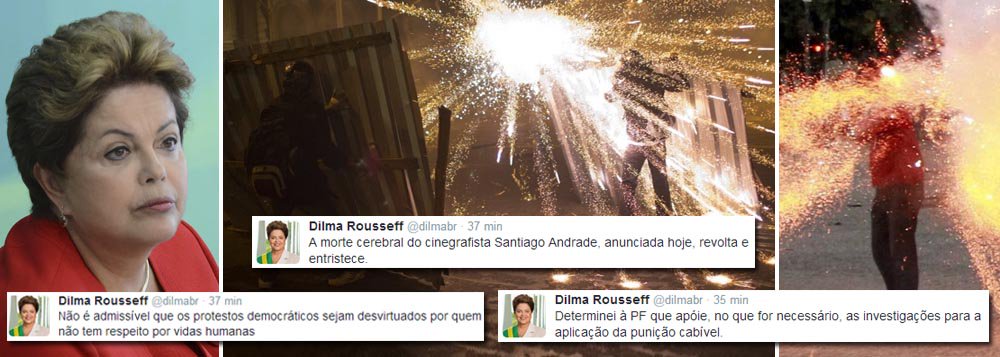 "Não é admissível que os protestos democráticos sejam desvirtuados por quem não tem respeito por vidas humanas", escreveu a presidente nesta tarde, depois da confirmação da morte do cinegrafista da Band Santiago Andrade, notícia que "revolta e entristece", segundo Dilma Rousseff; ela disse, pela rede social, que determinou à Polícia Federal "que apóie, no que for necessário, as investigações para a aplicação da punição cabível" (Foto: Gisele Federicce) www.brasil247.com - "Não é admissível que os protestos democráticos sejam desvirtuados por quem não tem respeito por vidas humanas", escreveu a presidente nesta tarde, depois da confirmação da morte do cinegrafista da Band Santiago Andrade, notícia que "revolta e entristece", segundo Dilma Rousseff; ela disse, pela rede social, que determinou à Polícia Federal "que apóie, no que for necessário, as investigações para a aplicação da punição cabível"