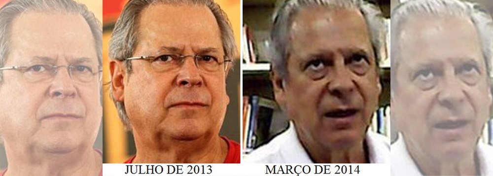 "Cerca de oito meses separam a primeira e a segunda fotos de José Dirceu justapostas na montagem fotográfica acima", compara Eduardo Guimarães, do Blog da Cidadania; segundo ele, as "olheiras", "a magreza acentuada" e "o forte abatimento" (...) "contradiz e sepulta a acusação sem provas da revista de que Dirceu estaria recebendo alimentação de boa qualidade" (Foto: Gisele Federicce) "Cerca de oito meses separam a primeira e a segunda fotos de José Dirceu justapostas na montagem fotográfica acima", compara Eduardo Guimarães, do Blog da Cidadania; segundo ele, as "olheiras", "a magreza acentuada" e "o forte abatimento" (...) "contradiz e sepulta a acusação sem provas da revista de que Dirceu estaria recebendo alimentação de boa qualidade"