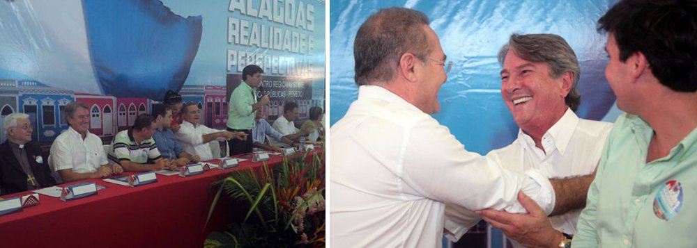 No 5º encontro dos partidos da Frente de Oposição em Alagoas, na cidade de Penedo, o senador Renan Calheiros (PMDB) defendeu que o grupo indique até o final deste mês os nomes dos pré-candidatos para as eleições deste ano. Ele lembrou que os alagoanos estão inseridos dentro de uma triste realidade e que o grupo – que reúne 15 partidos políticos – tem nomes capacitados para mudar a realidade atual. A frente de oposição é formada pelo PMDB, PT, PTB, PDT, PCdoB, PTdoB, PV, PRB e PRTB (Foto: Voney Malta) No 5º encontro dos partidos da Frente de Oposição em Alagoas, na cidade de Penedo, o senador Renan Calheiros (PMDB) defendeu que o grupo indique até o final deste mês os nomes dos pré-candidatos para as eleições deste ano. Ele lembrou que os alagoanos estão inseridos dentro de uma triste realidade e que o grupo – que reúne 15 partidos políticos – tem nomes capacitados para mudar a realidade atual. A frente de oposição é formada pelo PMDB, PT, PTB, PDT, PCdoB, PTdoB, PV, PRB e PRTB