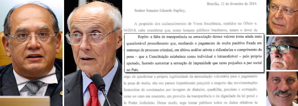 Em carta ao senador Eduardo Suplicy (PT-SP), ministro do STF reitera sua ira contra correntes de solidariedade promovidas pelo PT para quitar multas a seus condenados; arrecadação "sabota e ridiculariza o cumprimento da pena", que é "intransferível e restrita aos condenados", registrou; magistrado pede que Suplicy lidere vaquinha para cobrir rombo de R$ 100 milhões supostamente desviados no chamado 'mensalão' e fala em "falta de transparência" no processo; membro do STF não disse, no entanto, que iniciativas de familiares e amigos de José Genoino, Delúbio Soares e José Dirceu estão dentro da lei; além disso, ninguém pode ser punido por ter simpatizantes; ou Gilmar quer mudar isso? (Foto: Gisele Federicce) www.brasil247.com - Em carta ao senador Eduardo Suplicy (PT-SP), ministro do STF reitera sua ira contra correntes de solidariedade promovidas pelo PT para quitar multas a seus condenados; arrecadação "sabota e ridiculariza o cumprimento da pena", que é "intransferível e restrita aos condenados", registrou; magistrado pede que Suplicy lidere vaquinha para cobrir rombo de R$ 100 milhões supostamente desviados no chamado 'mensalão' e fala em "falta de transparência" no processo; membro do STF não disse, no entanto, que iniciativas de familiares e amigos de José Genoino, Delúbio Soares e José Dirceu estão dentro da lei; além disso, ninguém pode ser punido por ter simpatizantes; ou Gilmar quer mudar isso?