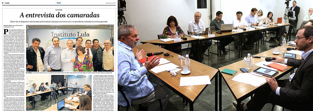 Jornal de João Roberto Marinho diz que eleitos para entrevista com o ex-presidente Lula atuam em “blogs que polarizam, invariavelmente, à esquerda, e são cada vez mais usados como munição na disputa eleitoral”; Conceição Lemes, do Viomundo, vê na reação global "um macartismo à brasileira”, em referência à patrulha anti-comunista nos EUA da década de 1950; Paulo Nogueira, do DCM, também ironiza publicação e sugere nomes como Reinaldo Azevedo e Diogo Mainardi para bancada de entrevistadores de Lula na linha sugerida pelo ; artigos (Foto: Roberta Namour) Jornal de João Roberto Marinho diz que eleitos para entrevista com o ex-presidente Lula atuam em “blogs que polarizam, invariavelmente, à esquerda, e são cada vez mais usados como munição na disputa eleitoral”; Conceição Lemes, do Viomundo, vê na reação global "um macartismo à brasileira”, em referência à patrulha anti-comunista nos EUA da década de 1950; Paulo Nogueira, do DCM, também ironiza publicação e sugere nomes como Reinaldo Azevedo e Diogo Mainardi para bancada de entrevistadores de Lula na linha sugerida pelo ; artigos