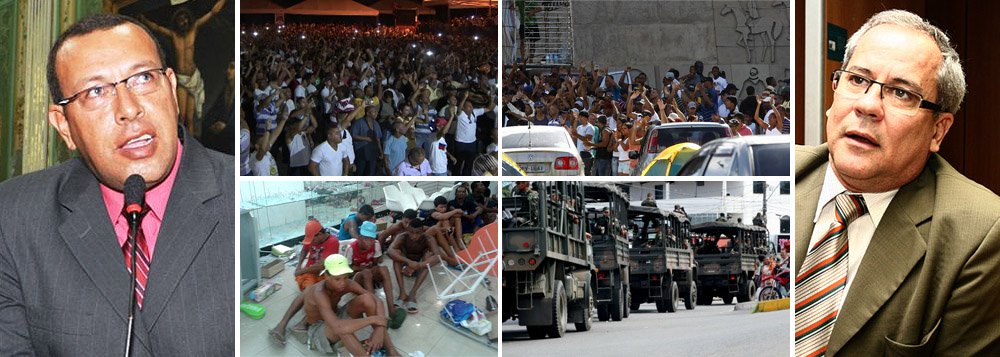 Após prisão do vereador Marcos Prisco (PSDB), que liderou o movimento grevista da PM na Bahia, tropa decidiu pelo aquartelamento neste sábado (19), atendendo a pedido do deputado Capitão Tadeu (PSB); assim tucanos e socialistas se unem contra governo de Jaques Wagner (PT), mesmo após a administração atender as principais reivindicações da categoria, que esteve paralisada nesta semana, gerando grande onda de violência; ato tem claro teor político; prisão de Prisco foi determinada pela justiça atendendo a pedido do MPF/BA, que o acusa de "auferir lucros políticos nas últimas eleições municipais" por causa da greve de 2012; agora PSDB e PSB buscam juntos os mesmos dividendos eleitorais (Foto: Valter Lima) Após prisão do vereador Marcos Prisco (PSDB), que liderou o movimento grevista da PM na Bahia, tropa decidiu pelo aquartelamento neste sábado (19), atendendo a pedido do deputado Capitão Tadeu (PSB); assim tucanos e socialistas se unem contra governo de Jaques Wagner (PT), mesmo após a administração atender as principais reivindicações da categoria, que esteve paralisada nesta semana, gerando grande onda de violência; ato tem claro teor político; prisão de Prisco foi determinada pela justiça atendendo a pedido do MPF/BA, que o acusa de "auferir lucros políticos nas últimas eleições municipais" por causa da greve de 2012; agora PSDB e PSB buscam juntos os mesmos dividendos eleitorais