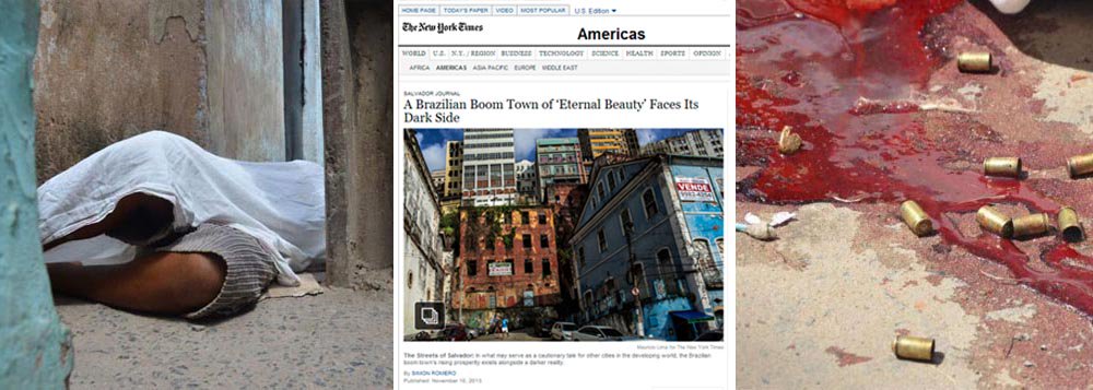 Depois de ganhar o noticiário nacional, Salvador é destaque no jornal norte-americano The New York Times como "capital dos homicídios"; "Salvador agora tem mais homicídios por ano do que qualquer outra metrópole brasileira, incluindo a megalópole São Paulo, que é quatro vezes maior"; para justificar o título, o diário cita crimes que ganharam destaque, como o corpo de um traficante encontrado decapitado, uma turista adolescente que morreu vítima de bala perdida e um italiano que foi espancado em um hotel na Barra em 2010 (Foto: Romulo Faro) Depois de ganhar o noticiário nacional, Salvador é destaque no jornal norte-americano The New York Times como "capital dos homicídios"; "Salvador agora tem mais homicídios por ano do que qualquer outra metrópole brasileira, incluindo a megalópole São Paulo, que é quatro vezes maior"; para justificar o título, o diário cita crimes que ganharam destaque, como o corpo de um traficante encontrado decapitado, uma turista adolescente que morreu vítima de bala perdida e um italiano que foi espancado em um hotel na Barra em 2010
