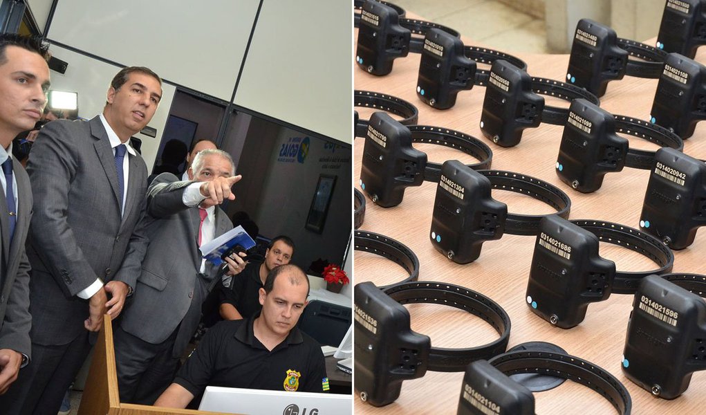 Solenidade realizada nesta segunda-feira (10) apresentou 500 tornozeleiras eletrônicas e 200 equipamentos de proteção à vítima de violência doméstica; até o final de março serão duas mil tornozeleiras e, em três anos, quatro mil; é a primeira vez que Goiás adquire tal tecnologia; Central de Monitoramento e Fiscalização funcionará 24 horas por dia na Secretaria da Segurança Pública (Foto: Realle Palazzo-Martini) Solenidade realizada nesta segunda-feira (10) apresentou 500 tornozeleiras eletrônicas e 200 equipamentos de proteção à vítima de violência doméstica; até o final de março serão duas mil tornozeleiras e, em três anos, quatro mil; é a primeira vez que Goiás adquire tal tecnologia; Central de Monitoramento e Fiscalização funcionará 24 horas por dia na Secretaria da Segurança Pública