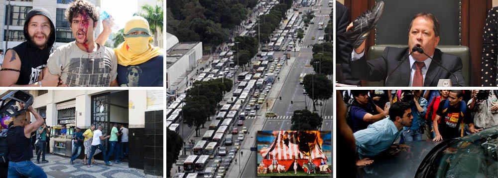 Partido que lidera protestos contra composição da CPI dos Ônibus faz de tudo; da claque legítima nas galerias, como em jogo de futebol, à inspiração para arremessos de sapatênis, cusparadas, xingamentos, cadeiradas, pernadas, chutes, acampamento, ocupação da Câmara dos Vereadores e fechamento da Avenida Rio Branco; é que se tem dos últimos 15 dias; tiro ainda não saiu; ontem, quando o secretário municipal de Transportes estava escalado para falar – e civilizadamente qualquer tipo de pergunta poderia ser feita --, show de ridicularias interditou o debate; partido pede intervenção do Poder Judiciário sobre o Legislativo e tem sucesso; palmas! (Foto: Ana Pupulin) Partido que lidera protestos contra composição da CPI dos Ônibus faz de tudo; da claque legítima nas galerias, como em jogo de futebol, à inspiração para arremessos de sapatênis, cusparadas, xingamentos, cadeiradas, pernadas, chutes, acampamento, ocupação da Câmara dos Vereadores e fechamento da Avenida Rio Branco; é que se tem dos últimos 15 dias; tiro ainda não saiu; ontem, quando o secretário municipal de Transportes estava escalado para falar – e civilizadamente qualquer tipo de pergunta poderia ser feita --, show de ridicularias interditou o debate; partido pede intervenção do Poder Judiciário sobre o Legislativo e tem sucesso; palmas!