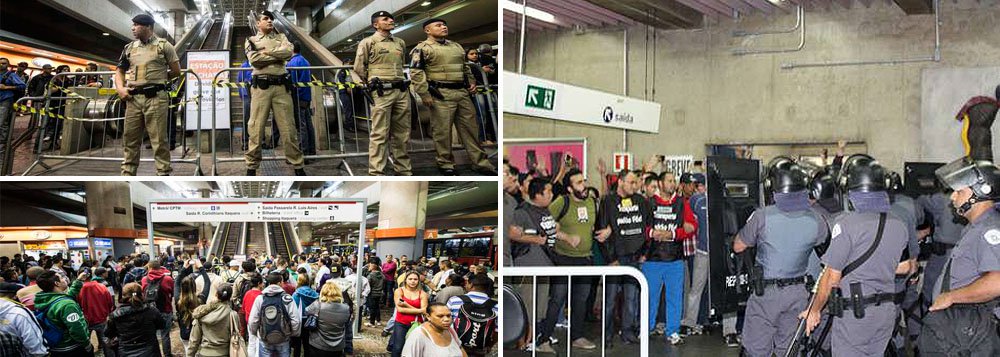 Tropa de Choque da PM agiu com gás lacrimogêneo e bombas de borracha contra grevistas na estação Ana Rosa do Metrô; grevistas barram a entrada de funcionários que não aderiram à paralisação; rodízio de veículos continua suspenso; trânsito bate novo recorde pela segunda manhã seguida: marcava 239 km de fila às 10h; chuva prejudica ainda mais a situação; tráfego foi parcialmente bloqueado na avenida Paulista, que tem cerca de 2 mil manifestantes da Força Sindical (Foto: Roberta Namour) Tropa de Choque da PM agiu com gás lacrimogêneo e bombas de borracha contra grevistas na estação Ana Rosa do Metrô; grevistas barram a entrada de funcionários que não aderiram à paralisação; rodízio de veículos continua suspenso; trânsito bate novo recorde pela segunda manhã seguida: marcava 239 km de fila às 10h; chuva prejudica ainda mais a situação; tráfego foi parcialmente bloqueado na avenida Paulista, que tem cerca de 2 mil manifestantes da Força Sindical