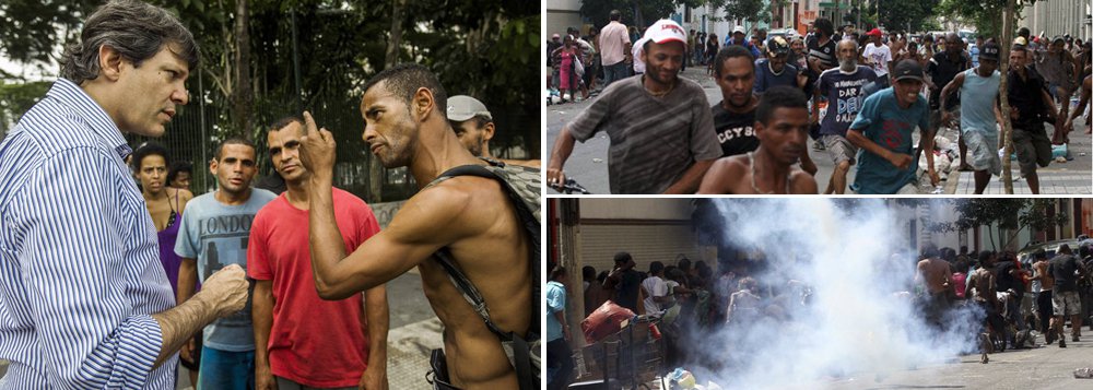 Poucos dias depois de a prefeitura de São Paulo lançar a Operação Braços Abertos, que oferece oportunidades de trabalho para dependentes químicos na região da cracolândia, a polícia estadual agiu com selvageria, disparando balas de borracha e bombas de efeito moral contra a multidão; indignado, o prefeito Fernando Haddad, que concebeu o plano para resgatar os dependentes, protestou em comunicado: “A administração reafirma seu empenho na solução deste problema da cidade e manifesta sua preocupação com este tipo de incidente, que pode comprometer a continuidade do programa” (Foto: Valter Lima) Poucos dias depois de a prefeitura de São Paulo lançar a Operação Braços Abertos, que oferece oportunidades de trabalho para dependentes químicos na região da cracolândia, a polícia estadual agiu com selvageria, disparando balas de borracha e bombas de efeito moral contra a multidão; indignado, o prefeito Fernando Haddad, que concebeu o plano para resgatar os dependentes, protestou em comunicado: “A administração reafirma seu empenho na solução deste problema da cidade e manifesta sua preocupação com este tipo de incidente, que pode comprometer a continuidade do programa”