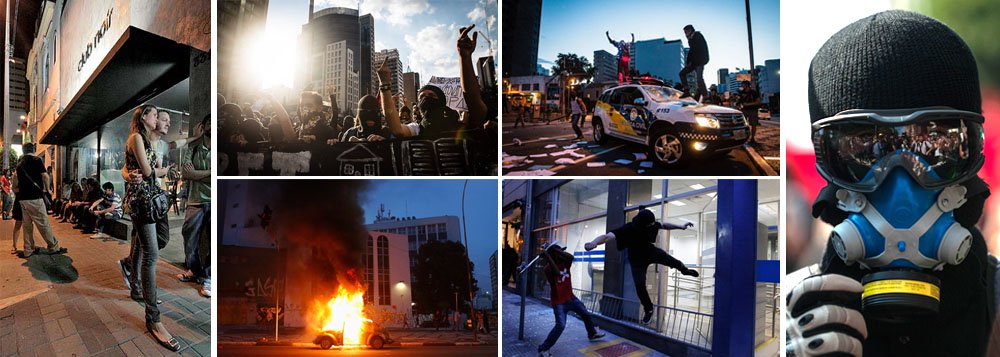 Atos em algumas cidades do Brasil contra a realização do Mundial da Fifa tiveram pouca adesão, mas o saldo de destruição e violência foi alto: em São Paulo, um homem foi baleado no bairro nobre de Higienópolis, um carro particular, sem que o dono tivesse qualquer envolvimento com o protesto, foi queimado, e a fachada de um teatro, assim como a de vários outros estabelecimentos, totalmente destruída com pedras; 146 manifestantes foram detidos; boa parte, claro, tinha o rosto coberto por máscaras; e todos já foram soltos (Foto: Gisele Federicce) www.brasil247.com - Atos em algumas cidades do Brasil contra a realização do Mundial da Fifa tiveram pouca adesão, mas o saldo de destruição e violência foi alto: em São Paulo, um homem foi baleado no bairro nobre de Higienópolis, um carro particular, sem que o dono tivesse qualquer envolvimento com o protesto, foi queimado, e a fachada de um teatro, assim como a de vários outros estabelecimentos, totalmente destruída com pedras; 146 manifestantes foram detidos; boa parte, claro, tinha o rosto coberto por máscaras; e todos já foram soltos