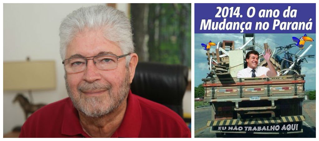 “2014. O ano da mudança no Paraná”, diz a mensagem no cartaz virtual disseminado pelo senador Requião; Na imagem viralizada pelo senador, além de móveis e objetos pessoais, aparecem dois tucanos. No para-choque do caminhão tem a seguinte inscrição: “Eu não trabalho aqui” (Foto: Leonardo Attuch) “2014. O ano da mudança no Paraná”, diz a mensagem no cartaz virtual disseminado pelo senador Requião; Na imagem viralizada pelo senador, além de móveis e objetos pessoais, aparecem dois tucanos. No para-choque do caminhão tem a seguinte inscrição: “Eu não trabalho aqui”