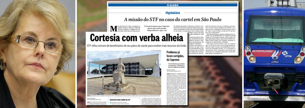 A reportagem mais importante do fim de semana foi publicada pelo jornal O Globo, que apontou que o Supremo Tribunal Federal, ao inflar os beneficiários de seu plano de saúde, recebeu R$ 16,8 milhões a mais do que deveria da União; o STF-Med tem no comando de seu conselho a ministra Rosa Weber, a mesma que decidirá se três secretários do governo de Geraldo Alckmin serão réus no STF no inquérito que apura as propinas da Alstom e da Siemens; na mesma edição, o Globo publicou o editorial "A missão do STF no caso do cartel em São Paulo", onde diz que "a folha corrida do PT em dossiês não é abonadora"; será esse mais um exemplo de faca no pescoço do STF? (Foto: Leonardo Attuch) A reportagem mais importante do fim de semana foi publicada pelo jornal O Globo, que apontou que o Supremo Tribunal Federal, ao inflar os beneficiários de seu plano de saúde, recebeu R$ 16,8 milhões a mais do que deveria da União; o STF-Med tem no comando de seu conselho a ministra Rosa Weber, a mesma que decidirá se três secretários do governo de Geraldo Alckmin serão réus no STF no inquérito que apura as propinas da Alstom e da Siemens; na mesma edição, o Globo publicou o editorial "A missão do STF no caso do cartel em São Paulo", onde diz que "a folha corrida do PT em dossiês não é abonadora"; será esse mais um exemplo de faca no pescoço do STF?