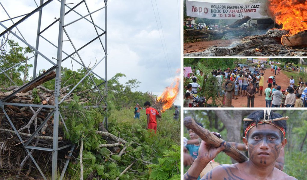Os índios ameaçam por fogo numa torre de transmissão de energia elétrica em protesto pela pavimentação asfáltica da rodovia TO-126, entre os municípios de Maurilândia e Itaguatins, a cerca de 500 km de Palmas; na última sexta-feira, o governo do Estado deu ordem de serviço para asfaltar 21 km da rodovia, mas os índios querem que outros 44 km sejam incluídos na obra; eles deram prazo até esta sexta-feira, 28, para negociarem antes de incendiar a torre (Foto: Aquiles Lins) Os índios ameaçam por fogo numa torre de transmissão de energia elétrica em protesto pela pavimentação asfáltica da rodovia TO-126, entre os municípios de Maurilândia e Itaguatins, a cerca de 500 km de Palmas; na última sexta-feira, o governo do Estado deu ordem de serviço para asfaltar 21 km da rodovia, mas os índios querem que outros 44 km sejam incluídos na obra; eles deram prazo até esta sexta-feira, 28, para negociarem antes de incendiar a torre