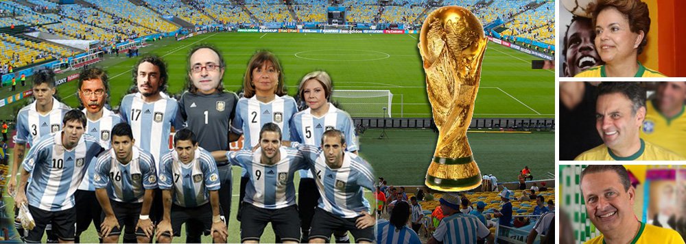Redivivos na Copa pela derrota por 7 a 1 da Seleção Brasileira frente a da Alemanha, colunistas políticos torcem unidos agora pela vitória da Argentina na partida final; tese é pérola do atraso: desse modo, presidente Dilma Rousseff sofreria desgaste ao entregar taça para capitão Lionel Messi; xenofobia alimentada por Merval Pereira, Guilherme Fiúza, Reinaldo Azevedo, Dora Kramer e Eliane Cantânhede, entre outros, é abjeta; como chefe de Estado, Dilma dará a taça ao capitão vencedor; Copa do Mundo não admite preconceito e discriminação; presidente incentivou o Brasil e a competição assim como também o fizeram, corretamente, seus adversários Aécio Neves e Eduardo Campos (Foto: Felipe L. Goncalves) Redivivos na Copa pela derrota por 7 a 1 da Seleção Brasileira frente a da Alemanha, colunistas políticos torcem unidos agora pela vitória da Argentina na partida final; tese é pérola do atraso: desse modo, presidente Dilma Rousseff sofreria desgaste ao entregar taça para capitão Lionel Messi; xenofobia alimentada por Merval Pereira, Guilherme Fiúza, Reinaldo Azevedo, Dora Kramer e Eliane Cantânhede, entre outros, é abjeta; como chefe de Estado, Dilma dará a taça ao capitão vencedor; Copa do Mundo não admite preconceito e discriminação; presidente incentivou o Brasil e a competição assim como também o fizeram, corretamente, seus adversários Aécio Neves e Eduardo Campos