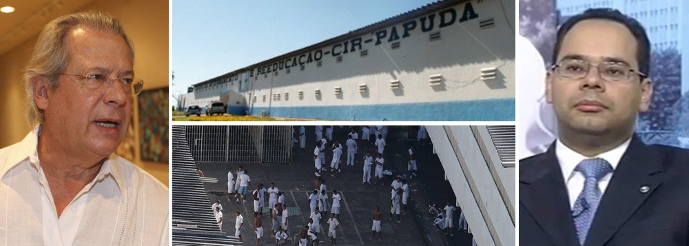 Por meio de videoconferência, ex-ministro negou que receba qualquer tipo de regalias dentro da Penitenciária da Papuda, onde cumpre pena, e que tenha usado celular de dentro da prisão; acusação sobre o celular fez com que, até hoje, José Dirceu não recebesse autorização para trabalho externo, uma vez que foi condenado ao regime semiaberto; decisão caberá agora ao juiz da Vara de Execuções Penais, Bruno Ribeiro, filho de um ex-dirigente do PSDB em Brasília e braço direito do presidente do STF, Joaquim Barbosa (Foto: Gisele Federicce) Por meio de videoconferência, ex-ministro negou que receba qualquer tipo de regalias dentro da Penitenciária da Papuda, onde cumpre pena, e que tenha usado celular de dentro da prisão; acusação sobre o celular fez com que, até hoje, José Dirceu não recebesse autorização para trabalho externo, uma vez que foi condenado ao regime semiaberto; decisão caberá agora ao juiz da Vara de Execuções Penais, Bruno Ribeiro, filho de um ex-dirigente do PSDB em Brasília e braço direito do presidente do STF, Joaquim Barbosa