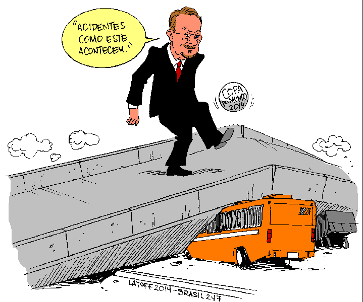 Márcio Lacerda, do PSB, minimiza queda de viaduto que causou a morte de duas pessoas na última quinta-feira 3; na charge de Carlos Latuff, o retrato de sua preocupação com o desastre, em plena Copa do Mundo (Foto: Gisele Federicce) www.brasil247.com - Márcio Lacerda, do PSB, minimiza queda de viaduto que causou a morte de duas pessoas na última quinta-feira 3; na charge de Carlos Latuff, o retrato de sua preocupação com o desastre, em plena Copa do Mundo