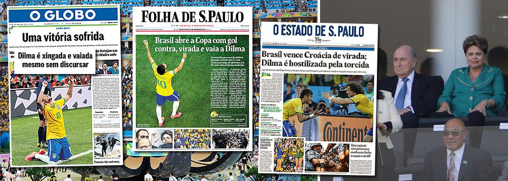 Elas estão destacadas na Folha, no Estado de S. Paulo e no Globo, assim como o foram nos telejornais de ontem; partiram de ala Vip do Itaquerão e refletiram, apenas, o comportamento de manada dos estádios de futebol; provavelmente, teriam ocorrido contra qualquer outro presidente; na tarde de ontem, havia muito mais em jogo do que o comportamento de parte da torcida que começou a hostilizá-la perto da área de imprensa, como, por exemplo, o fato de o Itaquerão ter passado pelo teste de fogo e de o dia ter transcorrido sem protestos graves e com transporte de qualidade para os torcedores; do episódio da vaia, emerge uma única certeza: Folha, Estado e Globo fazem parte da torcida organizada anti-Dilma (Foto: Leonardo Attuch) Elas estão destacadas na Folha, no Estado de S. Paulo e no Globo, assim como o foram nos telejornais de ontem; partiram de ala Vip do Itaquerão e refletiram, apenas, o comportamento de manada dos estádios de futebol; provavelmente, teriam ocorrido contra qualquer outro presidente; na tarde de ontem, havia muito mais em jogo do que o comportamento de parte da torcida que começou a hostilizá-la perto da área de imprensa, como, por exemplo, o fato de o Itaquerão ter passado pelo teste de fogo e de o dia ter transcorrido sem protestos graves e com transporte de qualidade para os torcedores; do episódio da vaia, emerge uma única certeza: Folha, Estado e Globo fazem parte da torcida organizada anti-Dilma