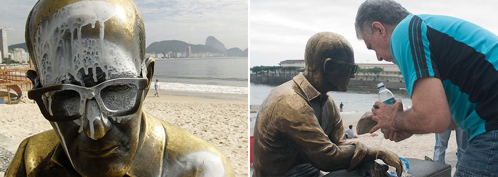 Casal pichou a imagem de Carlos Drummond Andrade, localizada no calçadão da praia de Copacabana, com tinta branca da cabeça aos pés; ato durou cerca de três minutos e foi flagrado por uma câmera do Centro de Operações da Prefeitura do Rio (Foto: Roberta Namour) Casal pichou a imagem de Carlos Drummond Andrade, localizada no calçadão da praia de Copacabana, com tinta branca da cabeça aos pés; ato durou cerca de três minutos e foi flagrado por uma câmera do Centro de Operações da Prefeitura do Rio