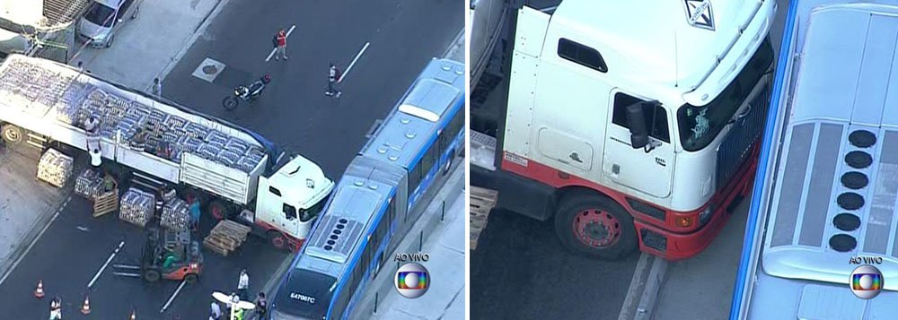 Um acidente com um caminhão e um ônibus BRT na Avenida Brás de Pina, na Penha, bloqueou o trânsito; o caminhão ficou atravessado na pista, que ficou interditada; o tráfego foi liberado quase uma hora depois da colisão, que ocorreu às 7h25; o consórcio BRT, contudo, afirma que não houve colisão, mas, sim, que o caminhão enguiçou, bloqueando a passagem; imagens de TV mostram a frente do caminhão colada à lateral do ônibus (Foto: Leonardo Lucena) Um acidente com um caminhão e um ônibus BRT na Avenida Brás de Pina, na Penha, bloqueou o trânsito; o caminhão ficou atravessado na pista, que ficou interditada; o tráfego foi liberado quase uma hora depois da colisão, que ocorreu às 7h25; o consórcio BRT, contudo, afirma que não houve colisão, mas, sim, que o caminhão enguiçou, bloqueando a passagem; imagens de TV mostram a frente do caminhão colada à lateral do ônibus